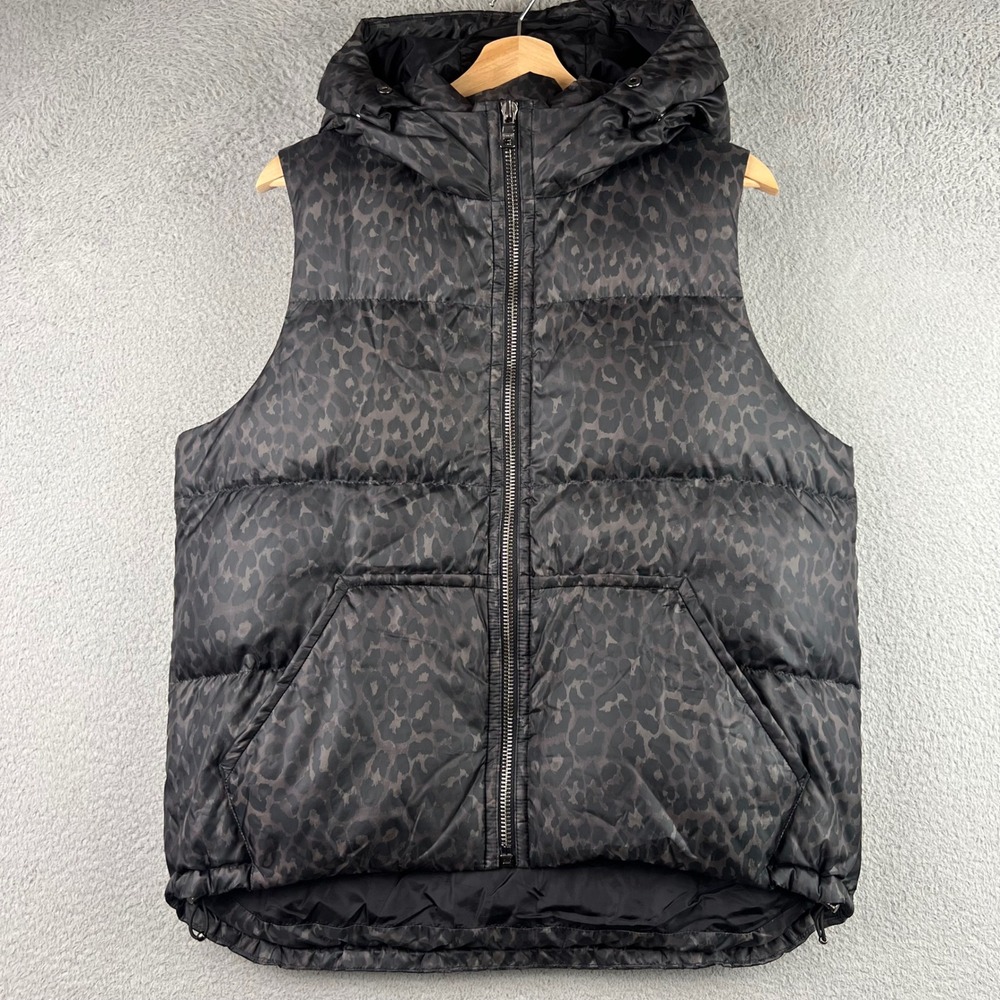 Coach New York Womens Leopard Print Hooded Puffer Vest Down Fill Black Gray L